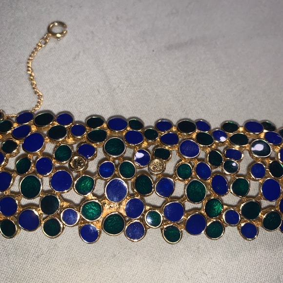 Vintage bracelet, gold with blue and green enamel decoration. 8”x1.5” - Picture 6 of 8